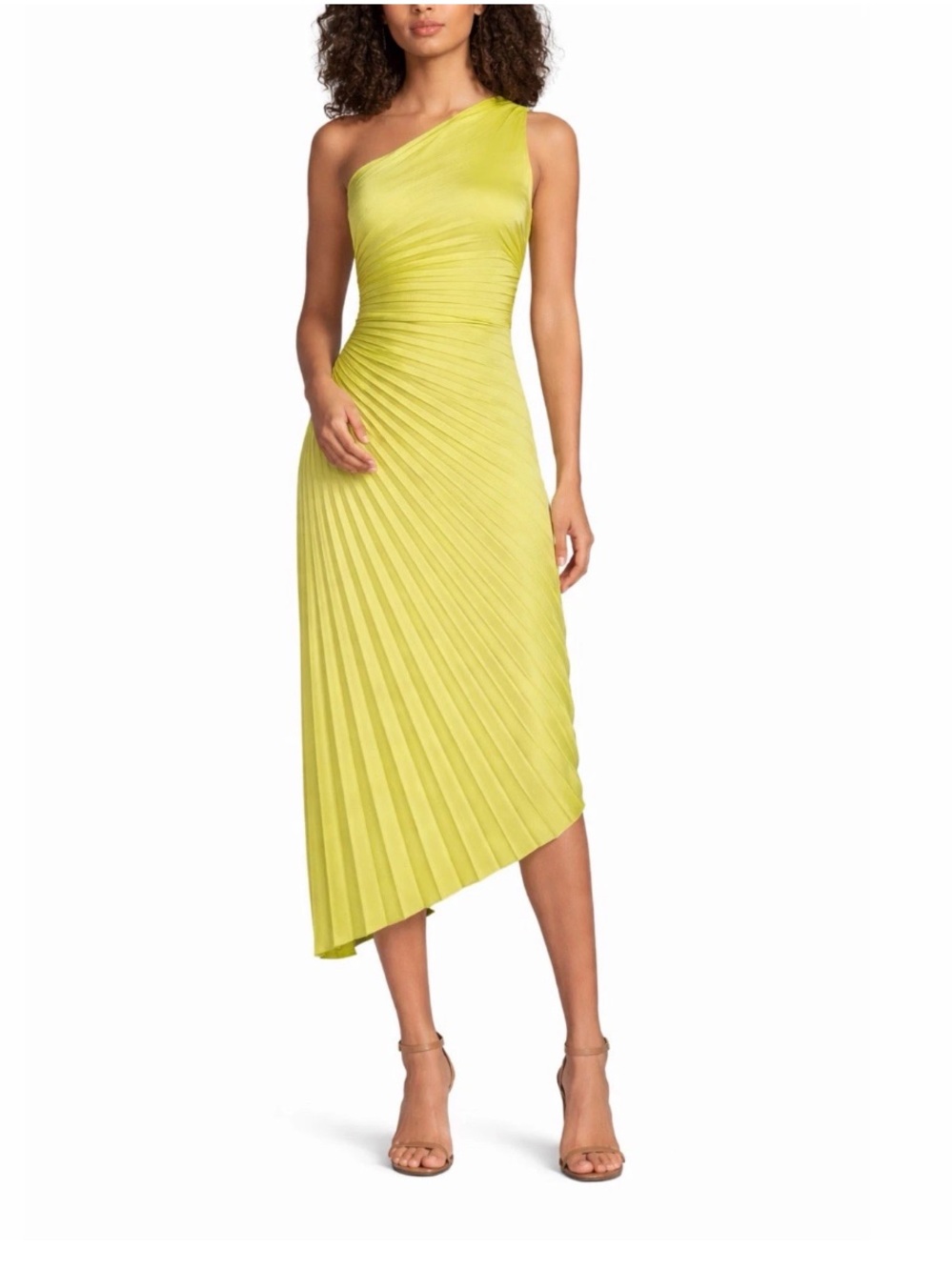 Badgley Mischka One-Shoulder Pleated Midi Dress in Chartreuse